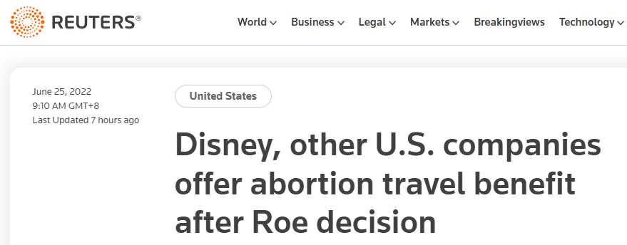 美国“罗诉韦德案”判决被推翻后
，迪士尼	、员工异地网飞、堕胎Meta：报销员工异地堕胎差旅费
